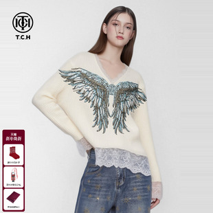 TCH轻奢宽松V领蕾丝拼接蓝钻天使之翼秋冬针织衫 女T75D09E1329