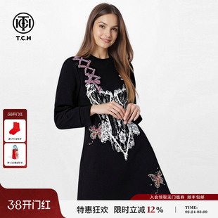 TCH潮酷暗黑风圆领长袖收腰显瘦连衣裙女2025秋冬新款T75D30E1037