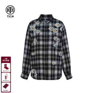 宽松百搭黑白格衬衫 时尚 上衣女T75C13E9007 新款 TCH轻奢烫钻25秋季