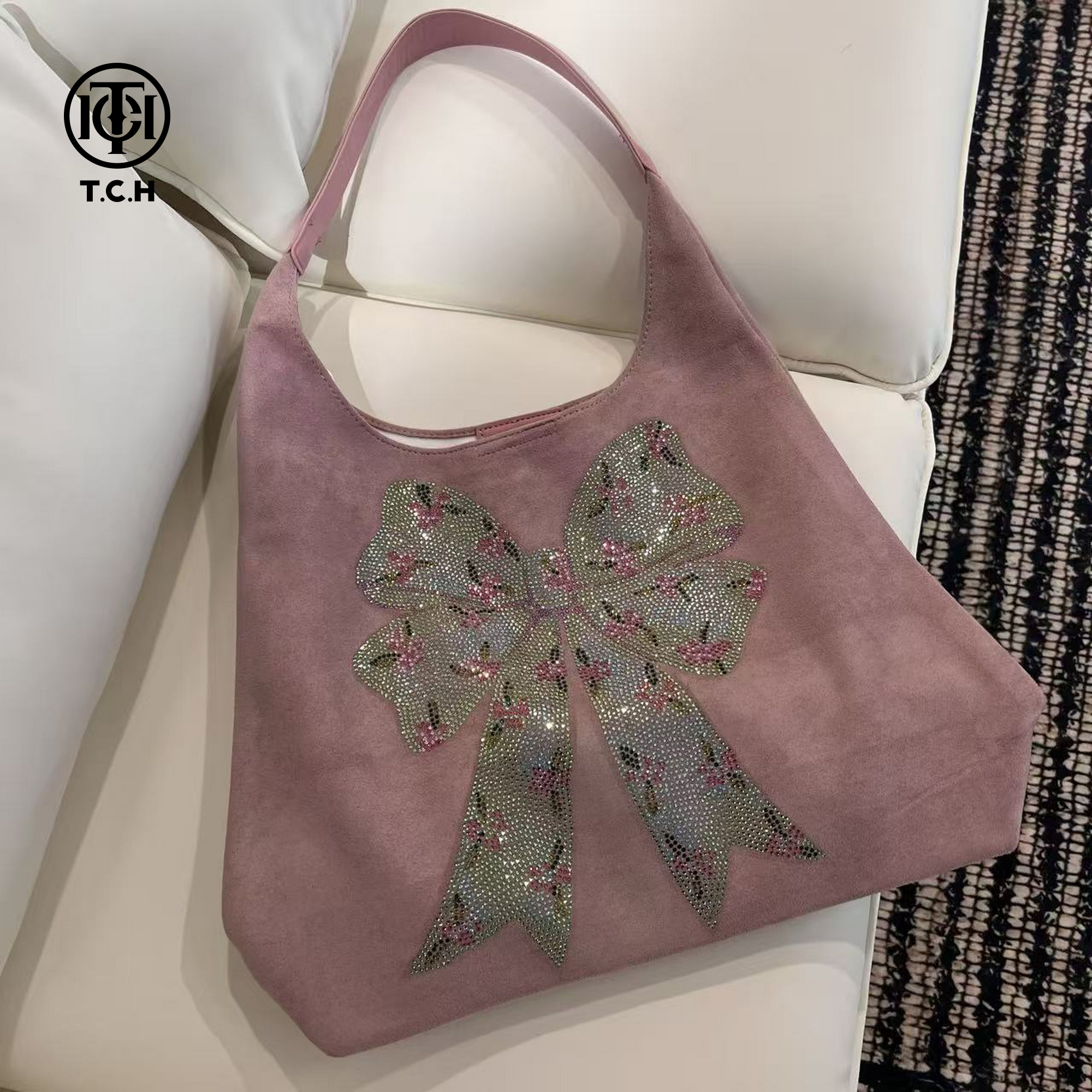 TCH轻奢烫钻时尚粉单肩包女2025秋冬新款大容量托特包T75C40E5001