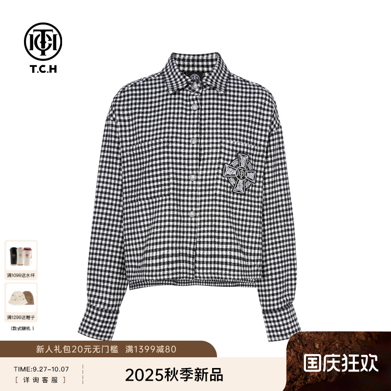 TCH轻奢潮牌烫钻休闲格子衬衫外套女短上衣25秋季新款T75C13E9008