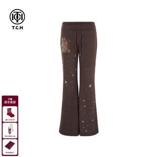 T75D20E1142 女2025冬新款 TCH美式 烫钻咖色薄绒垂感显瘦休闲微喇裤