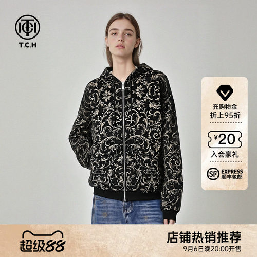 TCH黑底金纹重工银钻狮头宽松连帽外套女2026早秋新款T78A176003