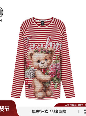 TCH私服小熊烫休闲百搭潮牌条纹长袖T恤女25秋季新款T75C08E9012