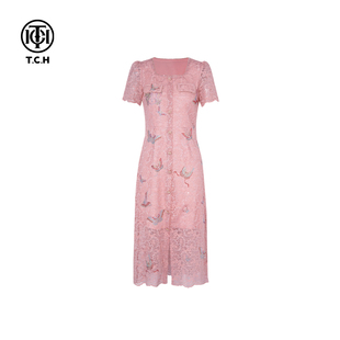 TCH轻奢方领显瘦气质长裙重工蕾丝拼接烫钻连衣裙女夏T75B30E1046