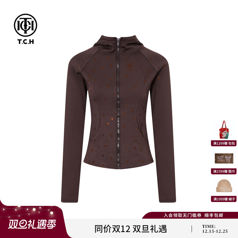 TCH烫钻加绒保暖连帽修身显瘦短外套女潮2025秋冬新款T75D27E1059