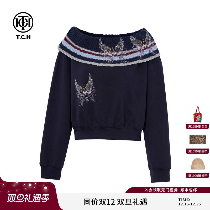 TCH私服烫钻时尚休闲设计感毛针一字领宽松长袖T恤女T75C08E1020