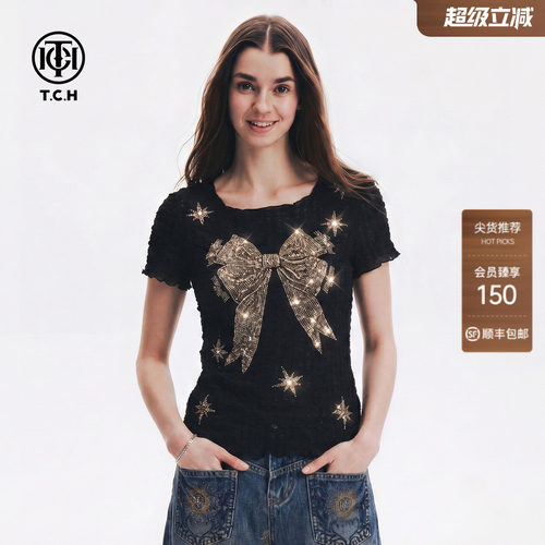 TCH烫钻蝴蝶结方领短袖T恤女