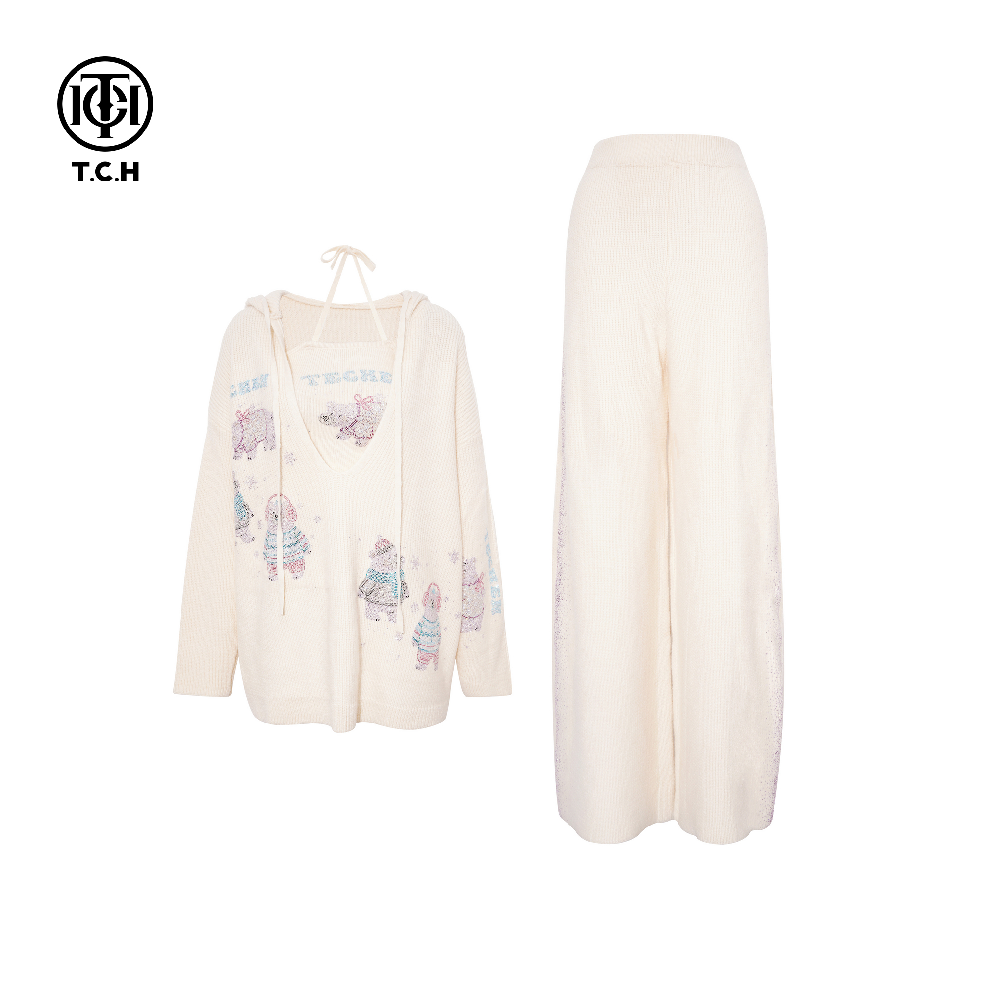 TCH时尚烫钻米色背心宽松连帽毛衣休闲长裤针织套装女T75D07E5023