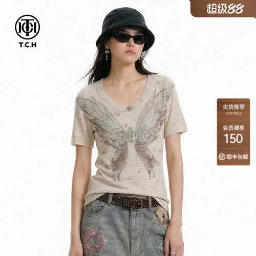 TCH2026夏季新款烫钻短袖针织衫女做旧风修身辣妹T恤T78A09E1196