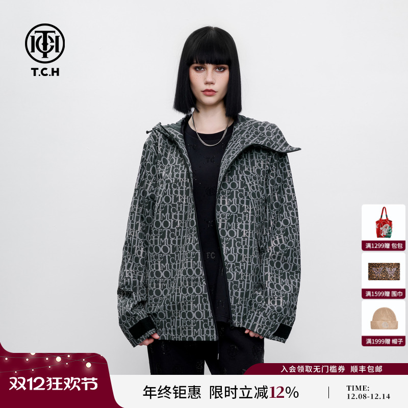 TCH 时尚潮流字母烫钻斜拉链连帽外套男女同款2025夏季新款