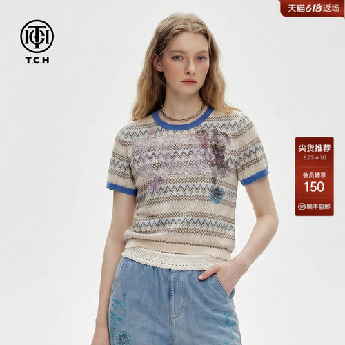 TCH烫钻小熊显瘦薄款针织T恤女2026夏季新款复古撞色透气短袖上衣