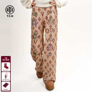 TCH奢雅流沙黄金色垂感烫钻直筒弹性针织松紧腰休闲裤 女2025秋冬