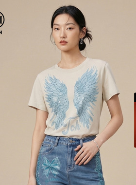 TCH翅膀烫钻短袖T恤女美式复古辣妹短款修身上衣春夏T78A10E1047