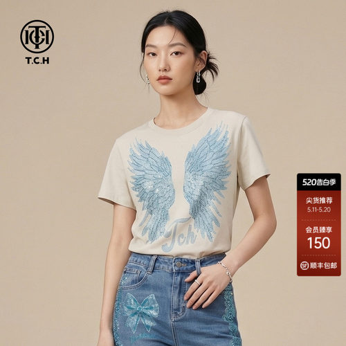 TCH翅膀烫钻短袖T恤女美式复古辣妹短款修身上衣春夏T78A10E1047