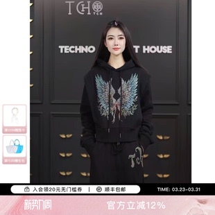 女T78B07E1001 套装 TCH时尚 潮牌烫钻炫彩翅膀黑色连帽卫衣休闲裤