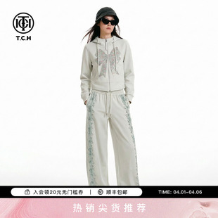 TCH甜酷风减龄烫钻蝴蝶结连帽卫衣外套阔腿裤 女T78A07E1158 套装
