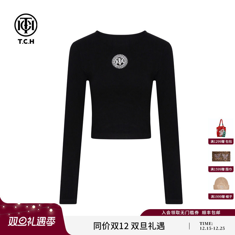 TCH轻奢时尚美式辣妹修身黑色短长袖T恤女25冬季新款T75C08E9033