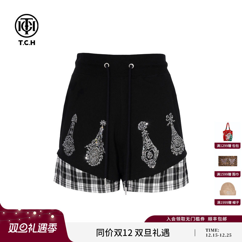TCH私服烫钻时尚格纹拼接设计感百搭时髦辣妹短裤女T75C21B1010