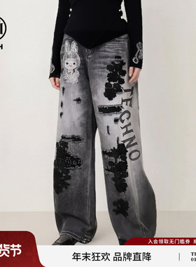 TCH水墨黑花刺绣重工艺做旧弯刀阔腿牛仔裤女2025秋冬T75C20E5106
