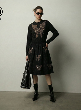 TCH【天使之翼】春款翅膀烫钻工艺德绒黑色女装连衣裙T78A30E1028