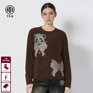TCH含绵羊毛重工金银钻小熊蝴蝶结保暖圆领女士针织衫 T75D09E1298