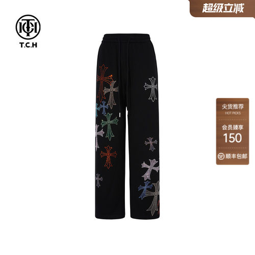TCH轻奢潮牌十字架烫钻黑色运动裤直筒休闲长裤秋款T75C20E5076