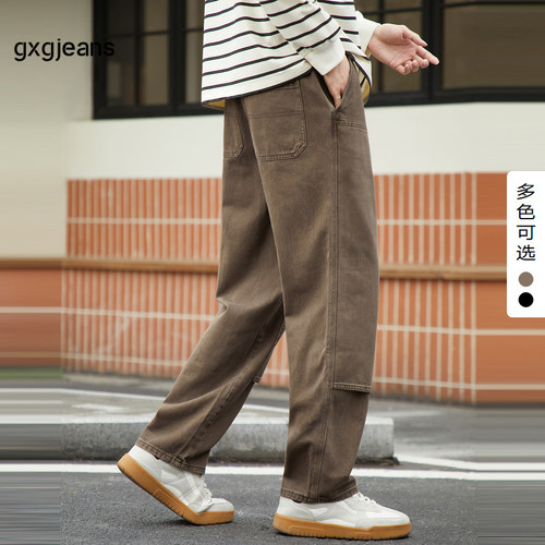 复古棕牛仔长裤，美式休闲