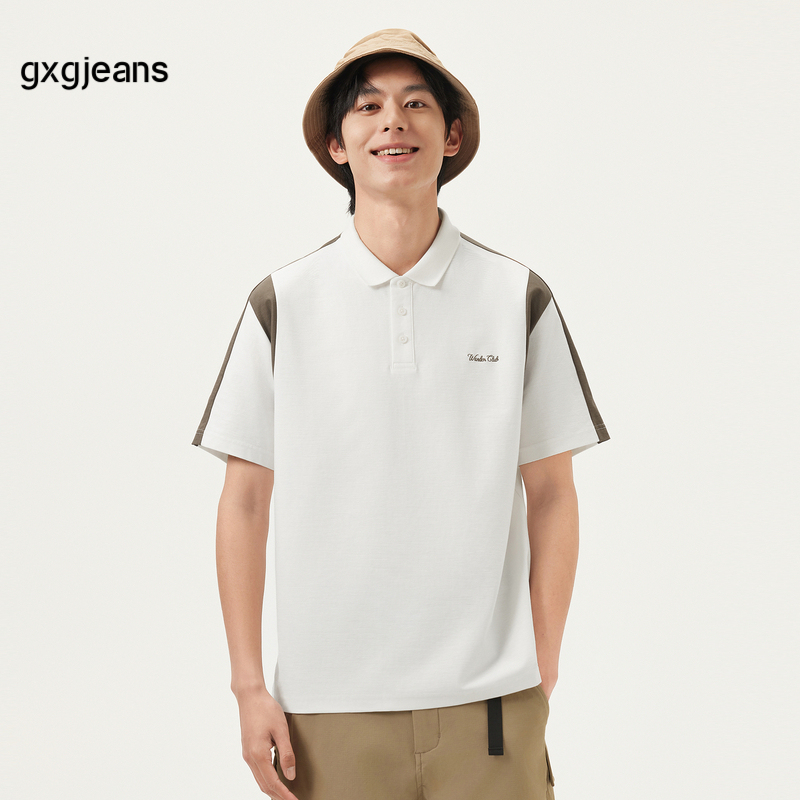 gxg.jeans男装 白色撞色拼接时尚短袖翻领POLO衫男 25年夏季新款