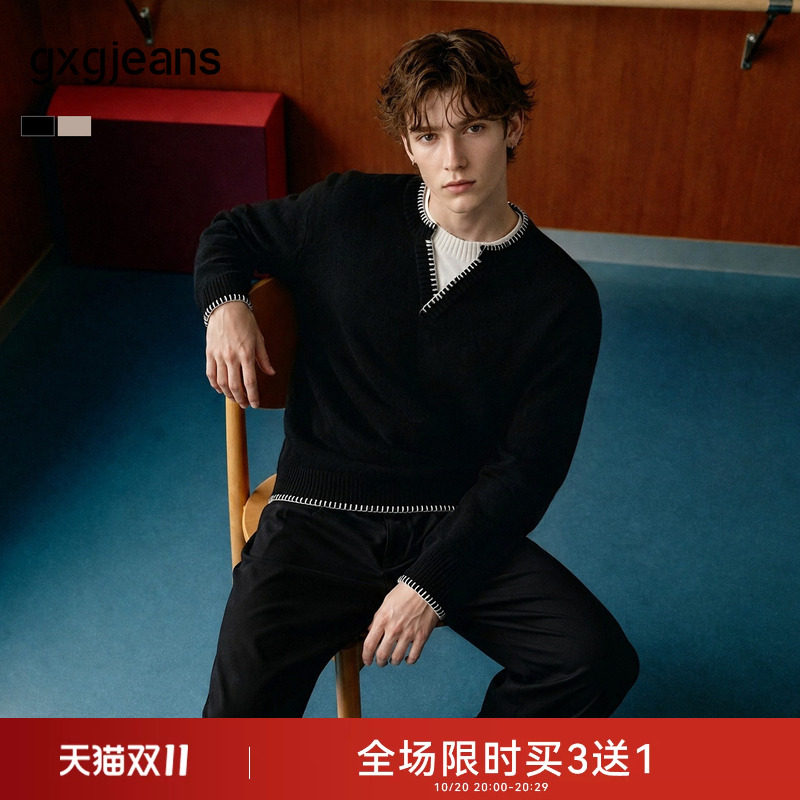 gxgjeans男装 撞色拼接假两件简约休闲亨利领毛衣线衫 26秋新品