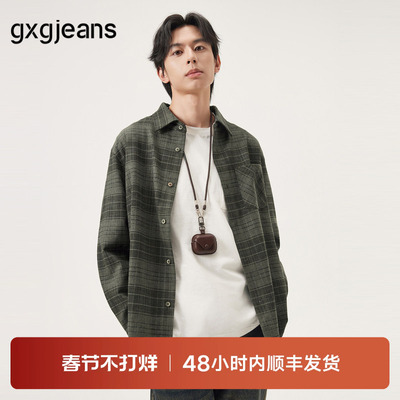 gxg.jeans男装 绿色格纹潮流美式复古长袖衬衫外套男 25年秋新品