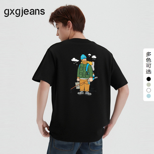 新款 gxg.jeans男装 25夏季 T恤男生 后背趣味印花潮流宽松圆领短袖