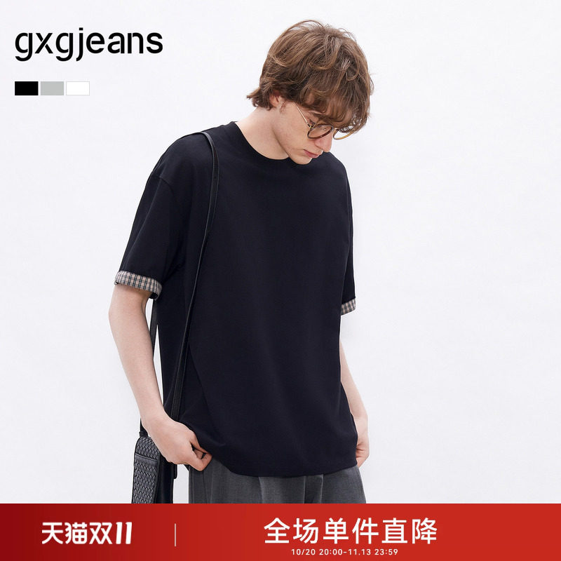 gxgjeans男装 格纹袖口拼接美式宽松圆领短袖T恤男生26夏新品
