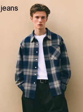 gxg.jeans男装 蓝色格纹简约通勤宽松长袖衬衫上衣男 25年秋新品