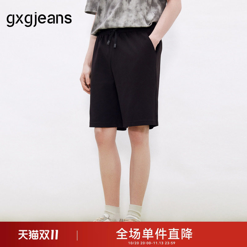 gxgjeans男装  黑色休闲华夫格肌理抽绳宽松直筒短裤男 26夏新品