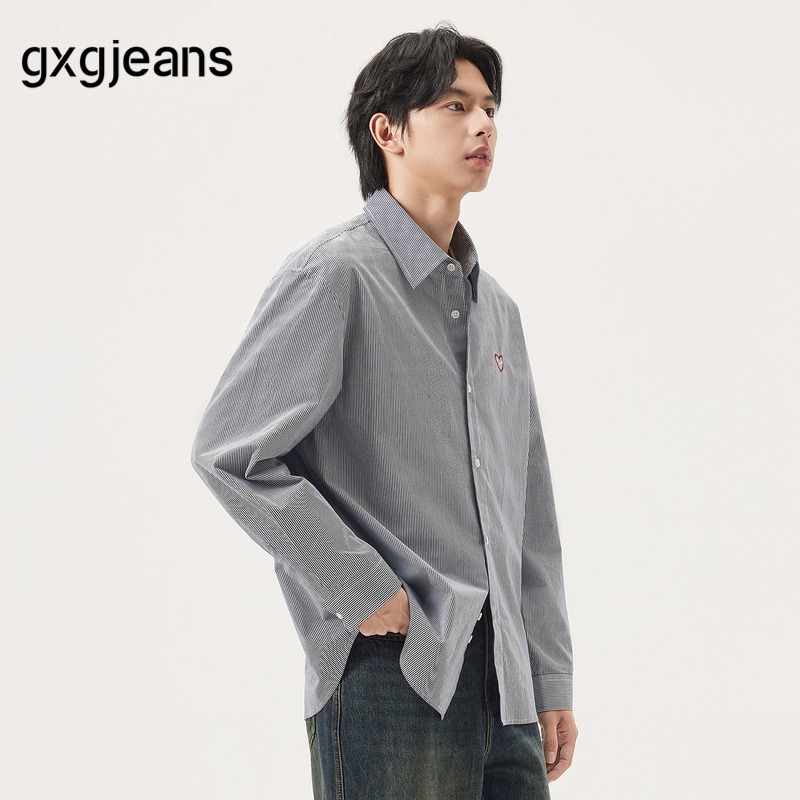 gxg.jeans男装 藏青条纹绣花宽松长袖衬衫外套 25年秋新品