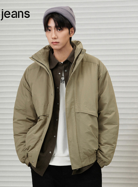 gxgjeans男装冬季日常白鸭绒外套立领休闲军绿色保暖羽绒服男