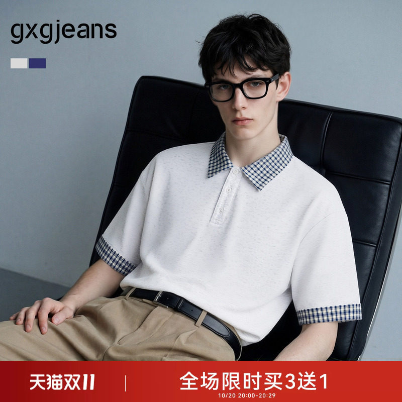 gxgjeans男装  撞色领口格纹拼接通勤翻领短袖polo衫男 26夏新品