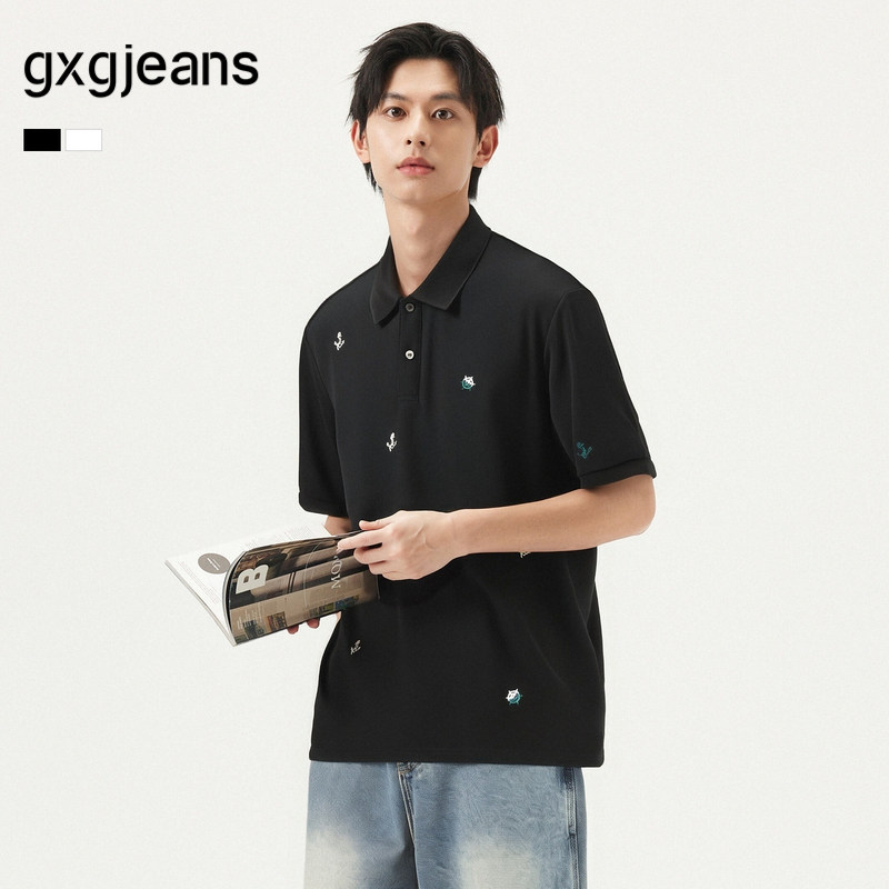 gxg.jeans男装 多色满身刺绣休闲时尚通勤翻领短袖polo衫夏季热销