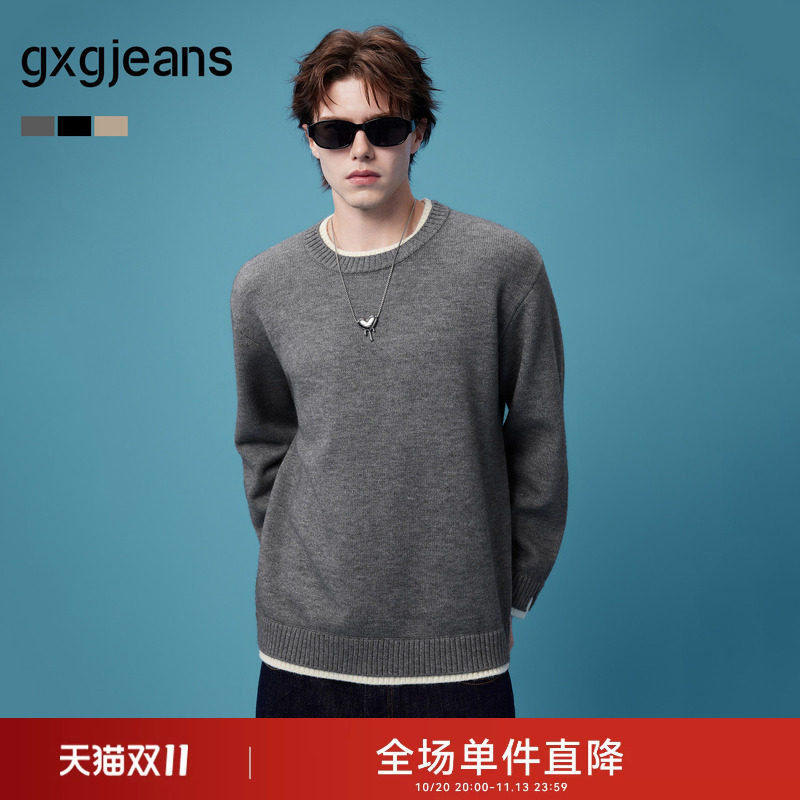 gxgjeans男装 假两件拼接简约休闲宽松圆领毛衣线衫 26秋新品