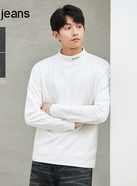 gxgjeans男装德绒字母刺绣白色半高领打底衫长袖T恤男秋冬季