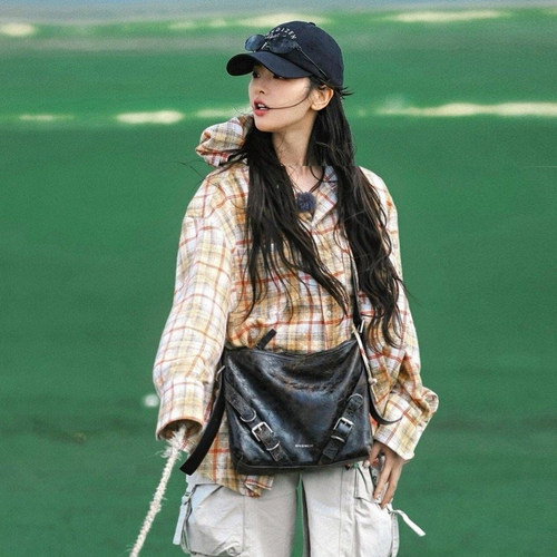 春秋新款扎染黄白格纹连帽衬衫