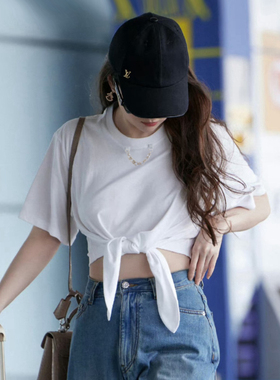 明星刘亦菲同款高腰白色短袖T恤女ins小众设计感百搭短款露脐上衣