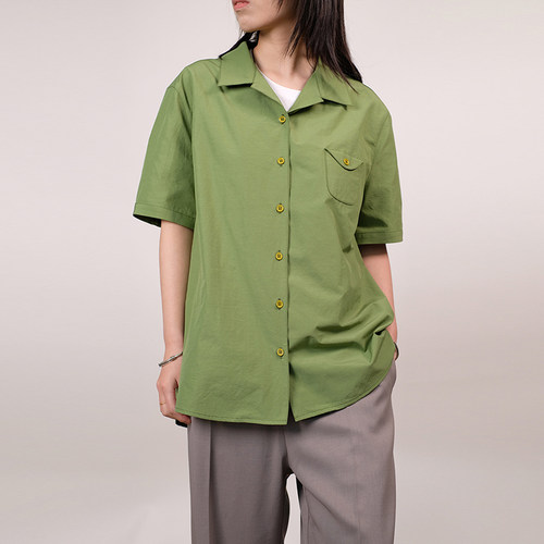 夏季古巴领透气宽松短袖衬衫女