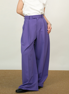 极简~紫色复古休闲高腰西装阔腿裤垂感廓形直筒拖地长裤子女春夏