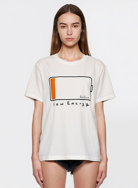 小众创意电量不足印花纯棉短袖t恤衫2025夏季新款白色圆领上衣女