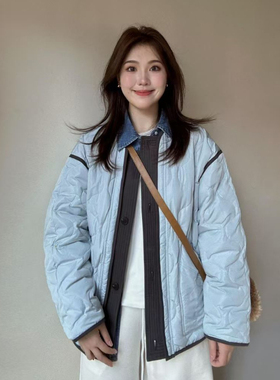 明星章若楠同款奶蓝色菱格棉服女轻薄短款韩系慵懒风冬季棉衣外套