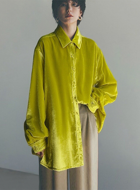 25秋冬季黄绿色柔软百搭显肤白外穿内搭宽松显瘦中长款丝绒衬衫女