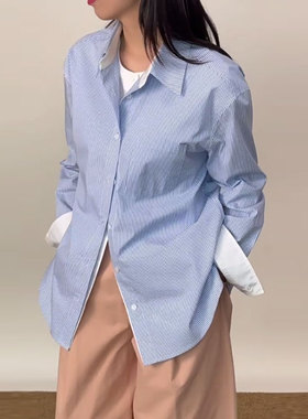 纯棉~春/秋季宽松假两件蓝色条纹撞色衬衫设计感休闲通勤长袖上衣