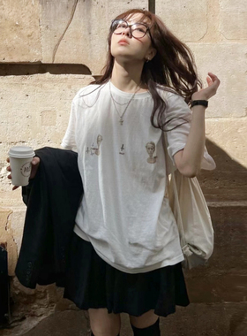ins博主款~纯棉白色短袖印花T恤女oversize夏季宽松休闲百搭上衣